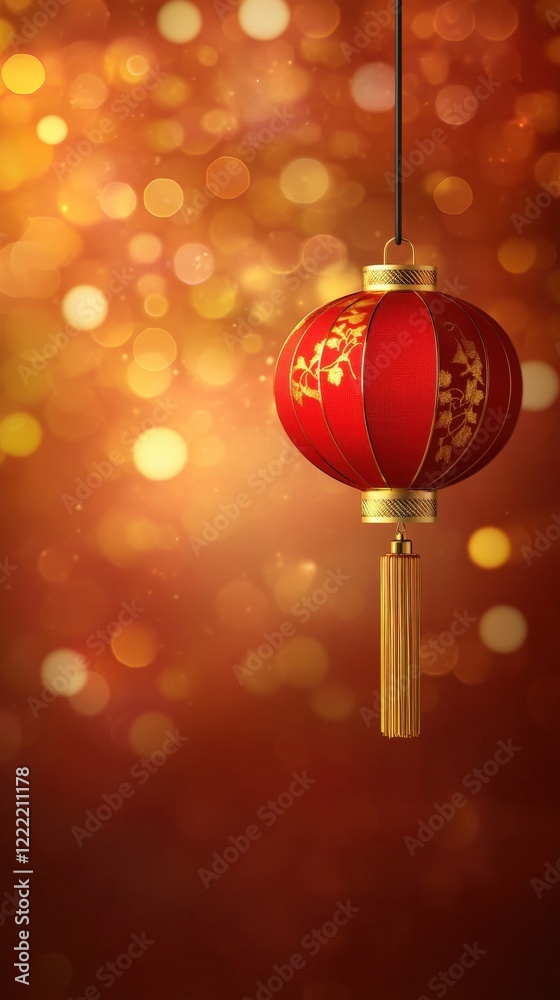 Traditional Chinese Lantern Hanging Against a Festive Bokeh Background with Warm Golden Lights Traditional Chinese Lantern Hanging Against a Festive Bokeh Background with Warm Golden Lights