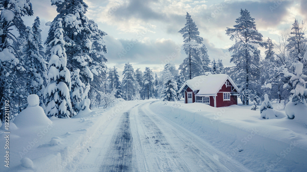 A tranquil snow laden road alongside cozy wooden cabins, ideal for winter travel or scenic photography. A tranquil snow laden road alongside cozy wooden cabins, ideal for winter travel or scenic photography.