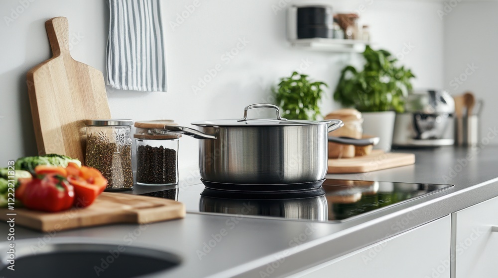 A minimalist, black induction cooktop with a single pot cooking a delicious meal in a bright kitchen. A minimalist, black induction cooktop with a single pot cooking a delicious meal in a bright kitchen.