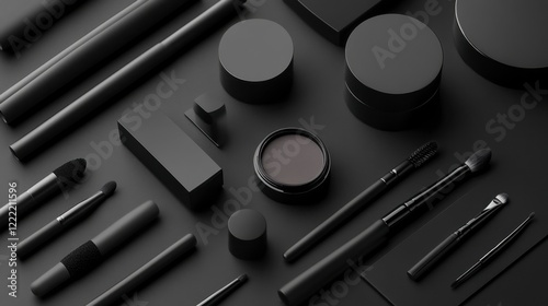 A minimalist layout of makeup products in monochrome packaging, arranged with precision for a sleek, modern aesthetic.