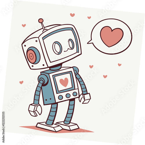 Adorable Retro Robot in Love:  Sweet Cartoon Character Illustration