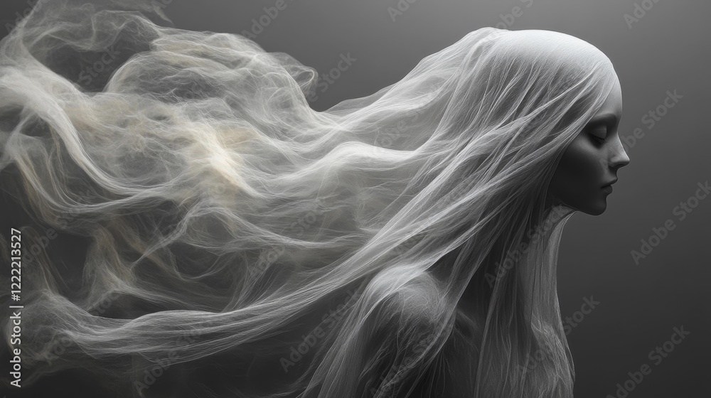 Mysterious ethereal ghost figure with flowing veil in fog. Generative AI