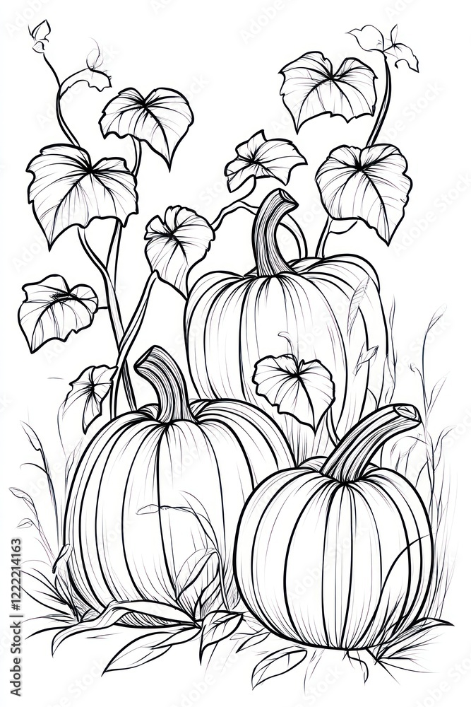 A line drawing of three pumpkins in a patch with leaves and vines. A line drawing of three pumpkins in a patch with leaves and vines.