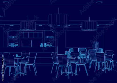 Blue drawing of a restaurant with tables and chairs. The chairs are arranged in rows and the tables are empty. Scene is calm and inviting