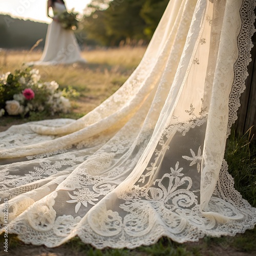 An intricate lace fabric spread out with soft light shining through its patterns, creating a romantic and timeless visual