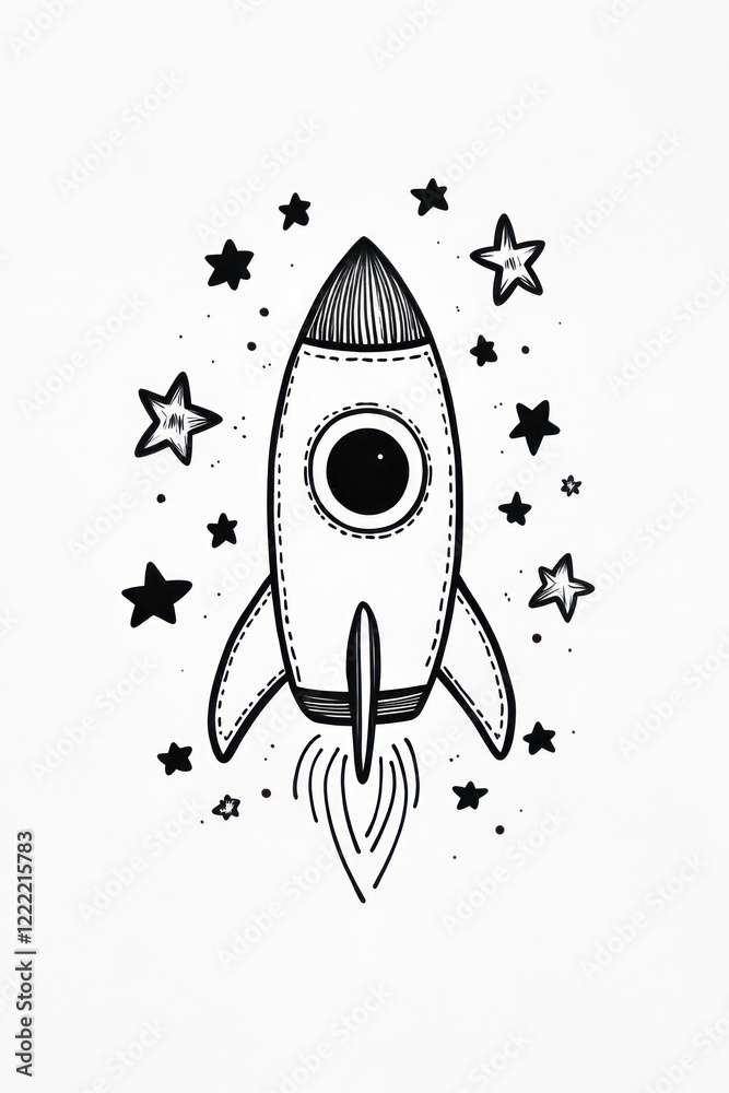 A simple black and white illustration of a rocket ship taking off surrounded by stars. A simple black and white illustration of a rocket ship taking off surrounded by stars.