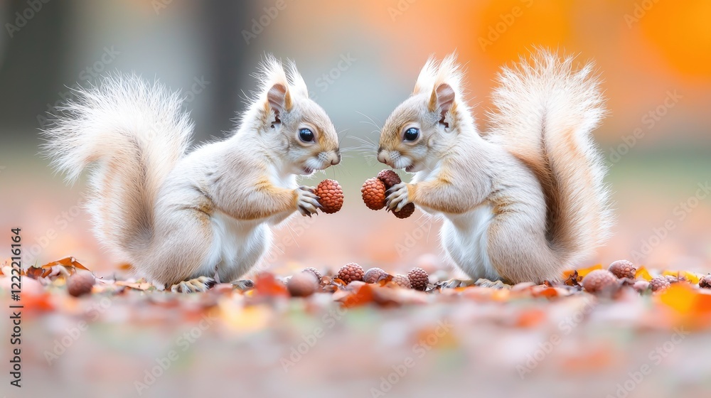 Two white squirrels sharing acorns in autumn park