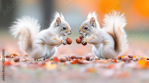 Obraz na płótnie Two white squirrels sharing acorns in autumn park w salonie