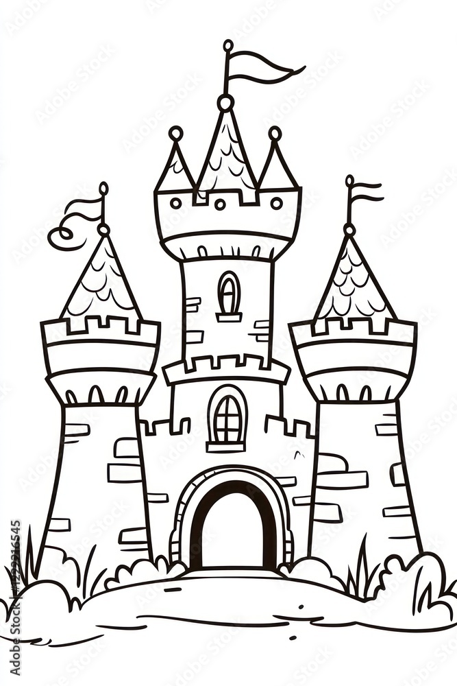 Fototapeta premium A simple line drawing illustration of a fairytale castle with three towers, windows, an arched doorway, and grass.