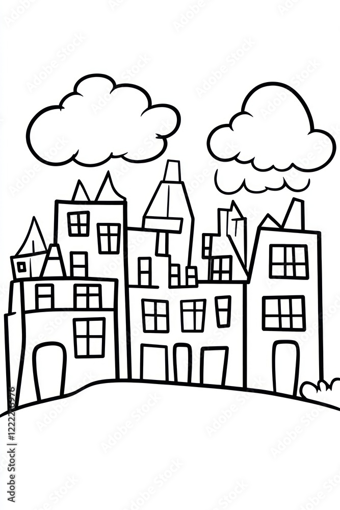 A simple line drawing of a cityscape with clouds above. A simple line drawing of a cityscape with clouds above.