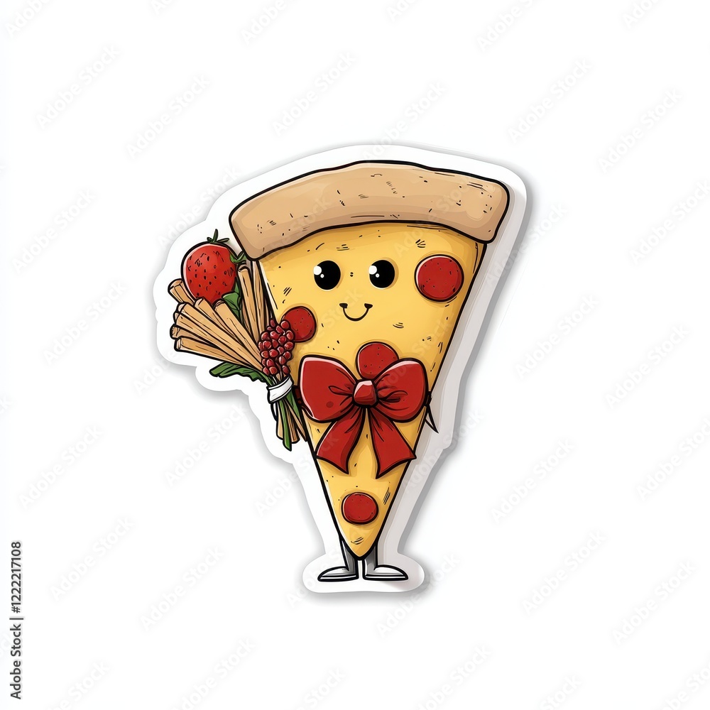 Obraz premium Cute pizza slice character with strawberry and bow