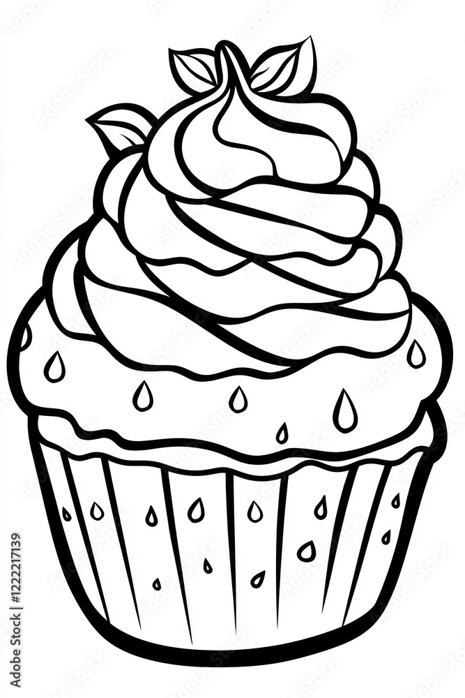 A simple line drawing of a cupcake with frosting and a sprig of leaves on top. A simple line drawing of a cupcake with frosting and a sprig of leaves on top.