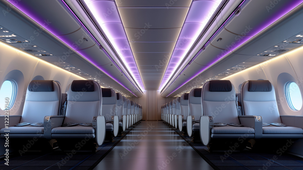 Fototapeta premium Luxurious airplane interior with spacious seating and ambient lighting