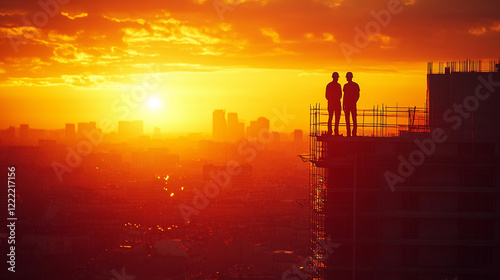 Wallpaper Mural Small silhouettes of workers on a construction site at sunset minimalistic bright tone modern blurred empty blank caption space on the side symbolizing teamwork progress and transformation

 Torontodigital.ca