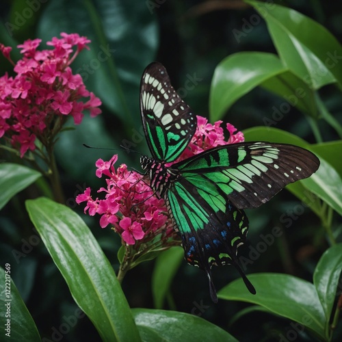 A butterfly with a tropical theme of bright green and pink. photo