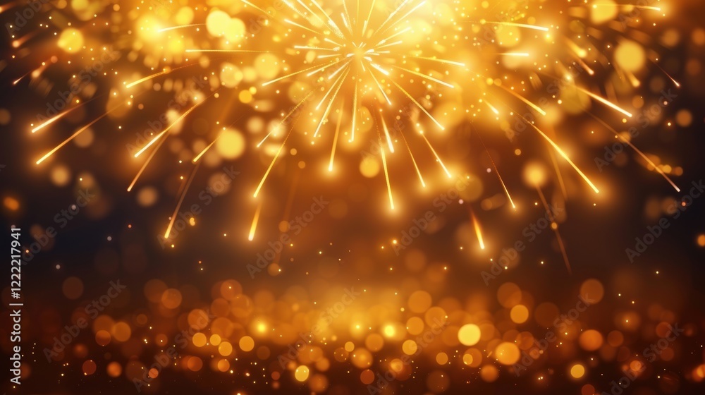 Naklejka premium A shimmering display of golden fireworks bursts against a dark background, creating a festive and celebratory atmosphere filled with sparkling lights.