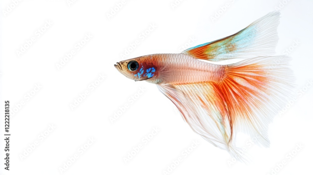 Obraz premium A single guppy, with its colorful tail fin fanned out, darting through the clear water of a home aquarium.