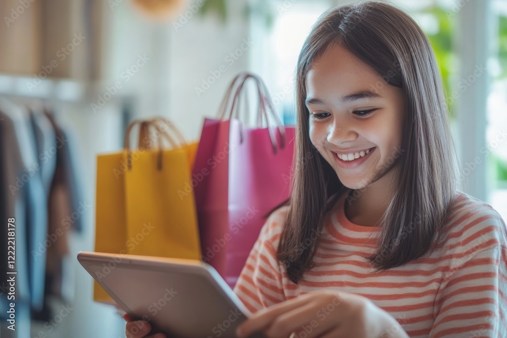 A cheerful teenager is engaged in online shopping on a tablet, exploring clothing options, with bright shopping bags in the background, creating a lively atmosphere A cheerful teenager is engaged in online shopping on a tablet, exploring clothing options, with bright shopping bags in the background, creating a lively atmosphere