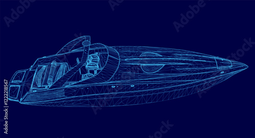 Blue boat with a white stripe on the side. The boat is shown in a blue color scheme