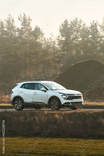 SUV traveling on scenic rural highway