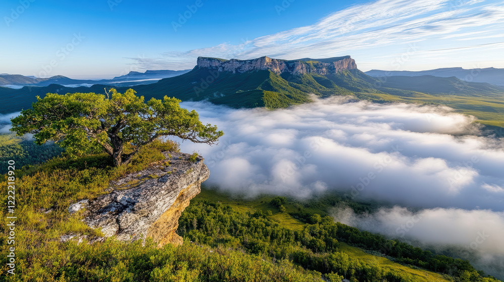 Obraz premium Breathtaking mountain peak surrounded by clouds at sunrise, showcasing nature beauty