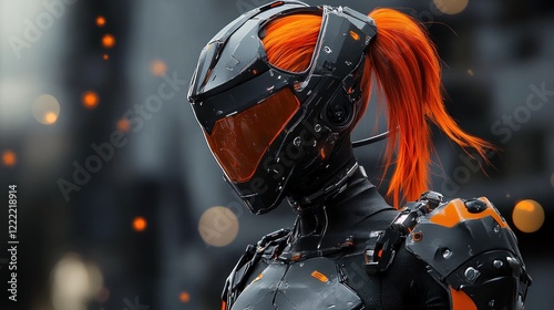 Cyberpunk Warrior Woman: Futuristic Orange-Haired  Female in Advanced Combat Armor