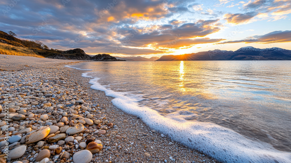 Obraz premium serene beach scene at sunset with gentle waves lapping at shore