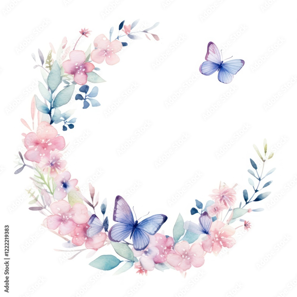 Fototapeta premium Butterflies frame watercolor flower pattern wreath.