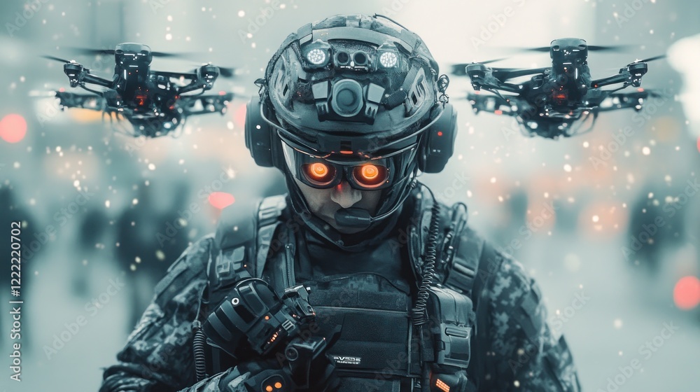 Futuristic Soldier with Drones in Snowy City Futuristic Soldier with Drones in Snowy City