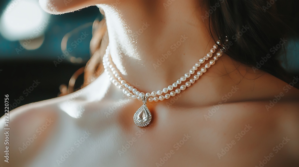 A woman wearing a necklace with a pearl pendant A woman wearing a necklace with a pearl pendant