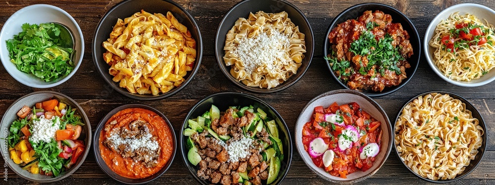 Colorful Array of Delicious Pasta Dishes and Fresh Salads on Rustic Wooden Table Colorful Array of Delicious Pasta Dishes and Fresh Salads on Rustic Wooden Table