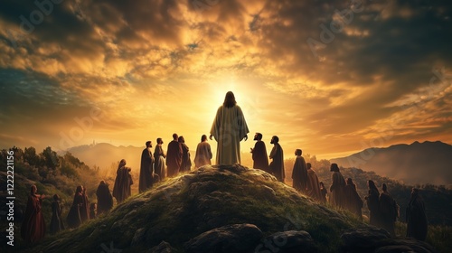 In a serene landscape, silhouetted Jesus gather around a radiant figure atop a hill. The warm glow of sunset casts a peaceful ambiance over the scene, inviting reflection.