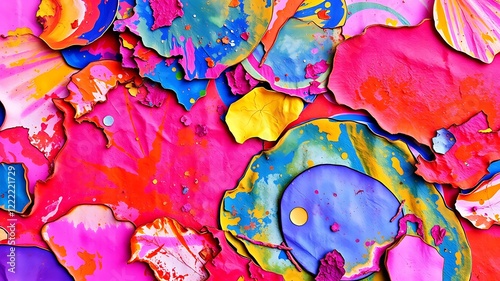 Vibrant abstract artwork featuring multicolored paint splattered on irregularly shaped pieces of leather, ideal for fashion or design projects.