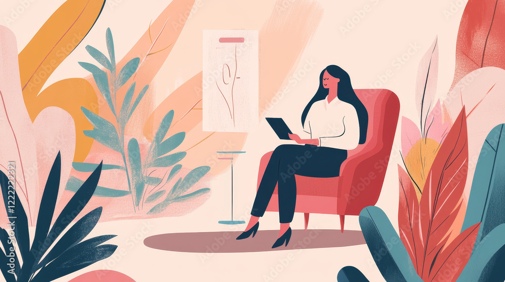 Online therapy session with psychologist. Concept of virtual professional mental health care. Vector flat illustration of psychotherapist counseling anxiety woman by video call. Online therapy session with psychologist. Concept of virtual professional mental health care. Vector flat illustration of psychotherapist counseling anxiety woman by video call.