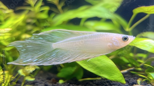 A stunning pearl gourami, with its delicate, translucent fins and shimmering scales, swimming in a planted tank. photo