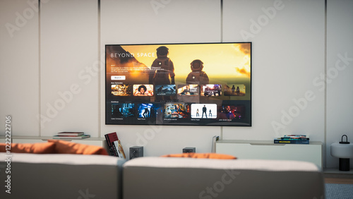 Bild auf Leinwand Modern Living Room With TV Displaying a Streaming Service Interface Featuring Sci-fi Shows and Movies