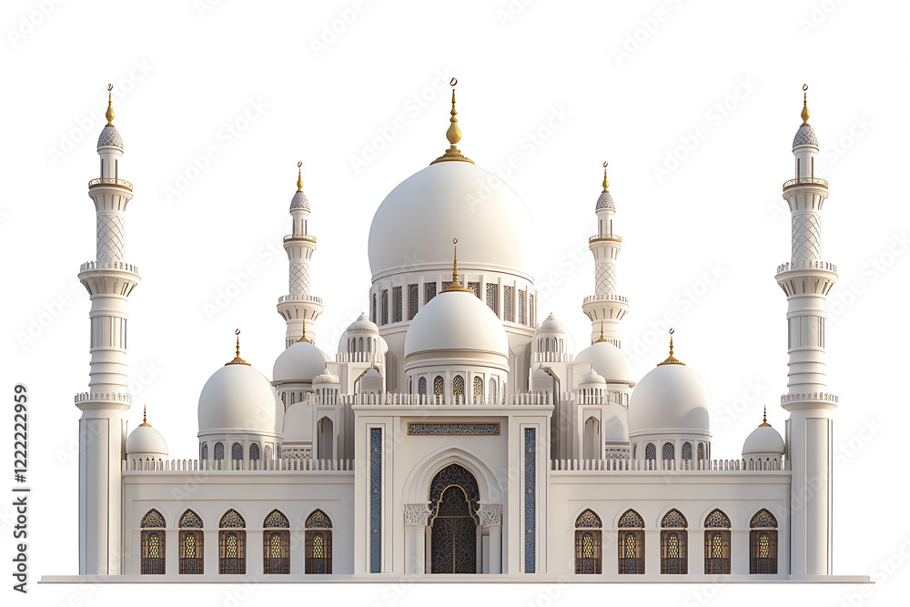 Fototapeta premium beautiful mosque, magnificent mosque, white background, islamic, ramadan Kareem, eid mubarak, eid al adha, eid al fitr, 3d rendering, generative ai