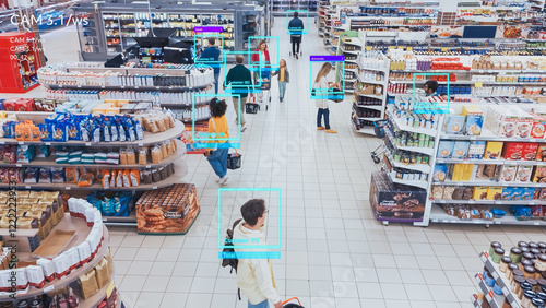 AI-powered Mock-up CCTV Shot in Supermarket: People Shopping in a Grocery Store. Multiple Camera Detect Suspicious Crime Activity, Activates Theft Prevention Identity Analysis. 360 Camera at Work