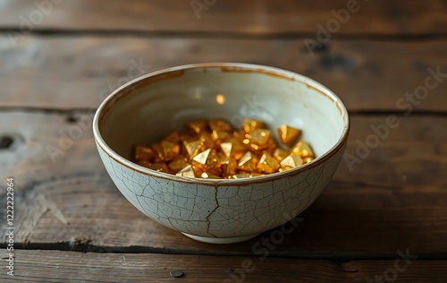 Faded Ceramic Bowl with Glowing Gold-Filled Cracks on Old Wooden Table – Kintsugi-Inspired Art, Vintage Aesthetic, Symbol of Imperfection and Beauty photo