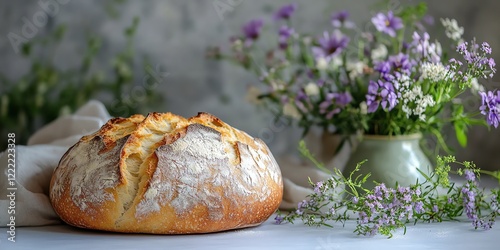 Artisan Crusty Bread: Rustic Still Life with Lavender Flowers