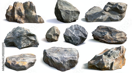 Fototapeta Naklejka Na Ścianę i Meble -  Mountain rocks, stones or boulders natural elements for design, geological materials with realistic texture. Rocky pieces of different shape isolated on white background 3d vector illustration, set