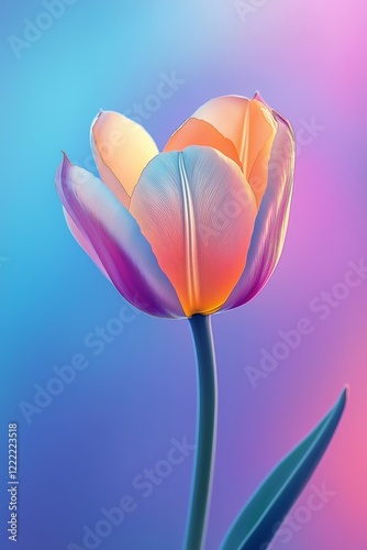 A glowing tulip with vibrant petals and a smooth stem against a gradient blue and pink background