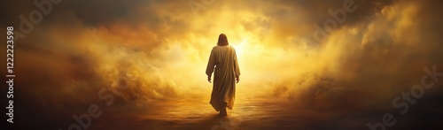 Jesus Christ walks forward through a misty landscape, engulfed by a dramatic glow that suggests hope and enlightenment. Dark clouds frame the illuminated path ahead.