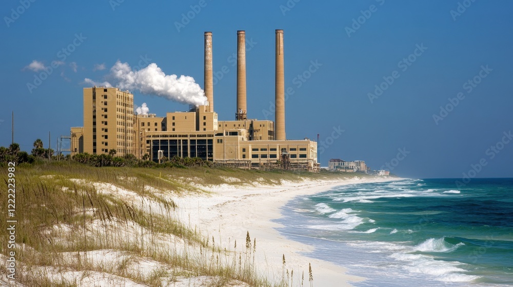 A textile factory on the beach with white sand and soft waves, the factorys tall smokestacks standing against a clear sky. A textile factory on the beach with white sand and soft waves, the factorys tall smokestacks standing against a clear sky.