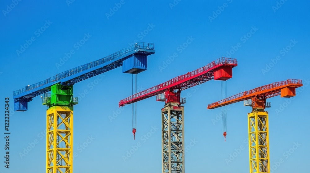 Brightly colored industrial cranes lifting heavy loads against a clear blue sky. Brightly colored industrial cranes lifting heavy loads against a clear blue sky.