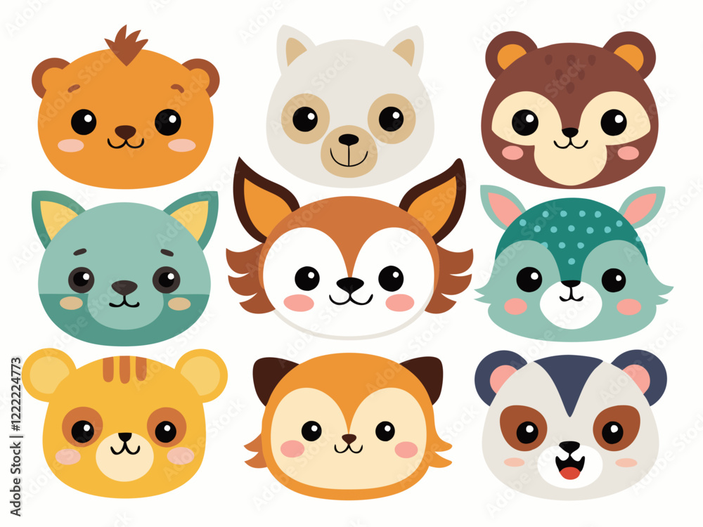 Fototapeta premium Cute animal heads collection. Flat style on white background.