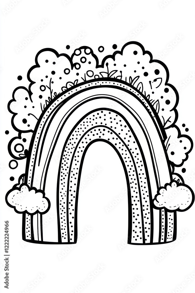 Fototapeta premium Hand-drawn black and white illustration of a rainbow with clouds and mushrooms.