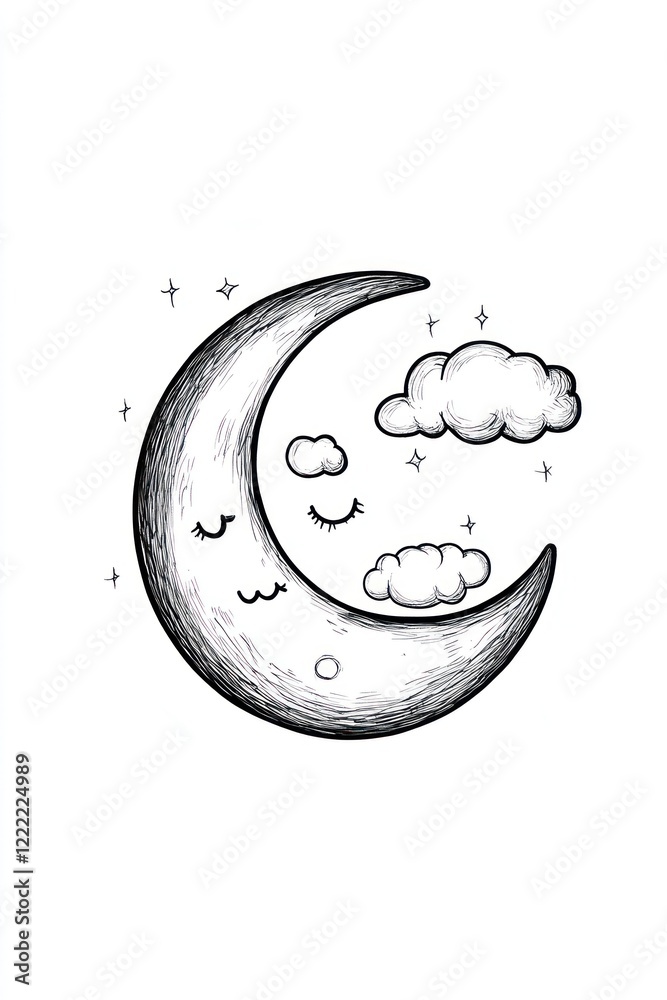 Hand-drawn crescent moon with clouds and stars, simple illustration, minimalist. Hand-drawn crescent moon with clouds and stars, simple illustration, minimalist.