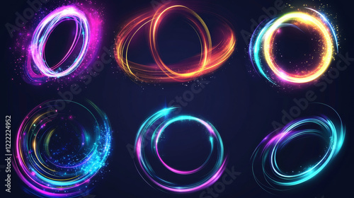 Magic light circle and spiral neon elements with swoosh effect and glowing sparkles. Realistic vector illustration set of flare round and swirl trail lines with flying luminous glitter particles.