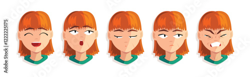 Redhead Woman Head and Avatar with Emotion Vector Set